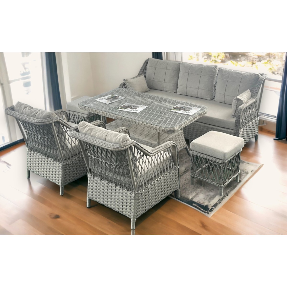 Petra Alüminyum Rattan 3+1+1+Masa(80*140)+2 Puf Bahçe Balkon Mobilyası,Krem