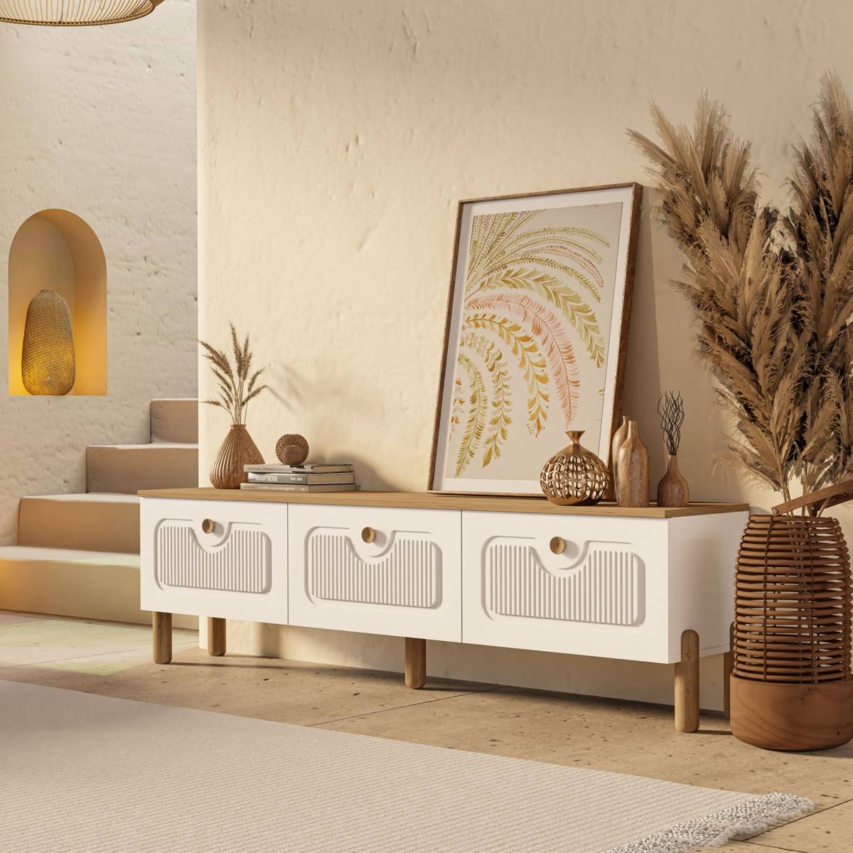 Mezza 4090 Napoli 180 cm (Membran Mdf Kapaklı) Bohem Tv Ünitesi Sepet - Beyaz