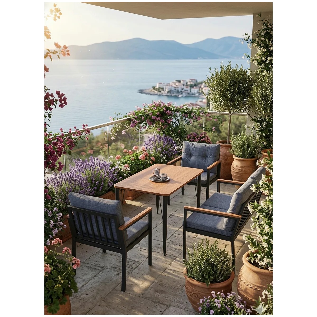 Evvon Bahçe Mobilyası Balkon Takımı Metal 2+1+1 Balkon Mobilyası Masa Takımı Mutfak Balkon Masası Bahçe Takımı
