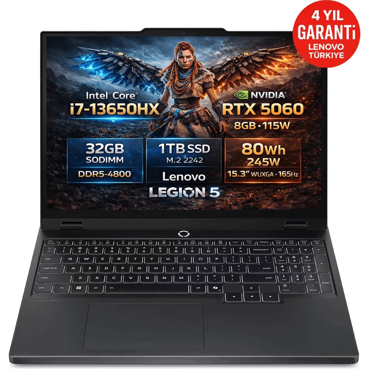 Lenovo Legion 5 15IRX10 Intel Core i7-13650HX 32GB 1TB SSD RTX 5060 8GB 15.3" WUXGA (1920X1200) IPS 165Hz 115W Freedos Taşınabilir Bilgisayar 83LY00PYTR