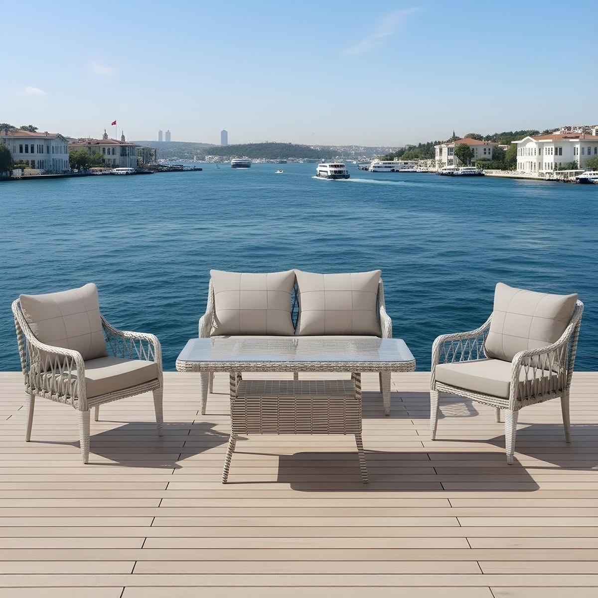 Zen 2+1+1 Bahçe Balkon Takımı 2+1+1 Camlı Masalı Açık Gri (Siyah Çizgili)