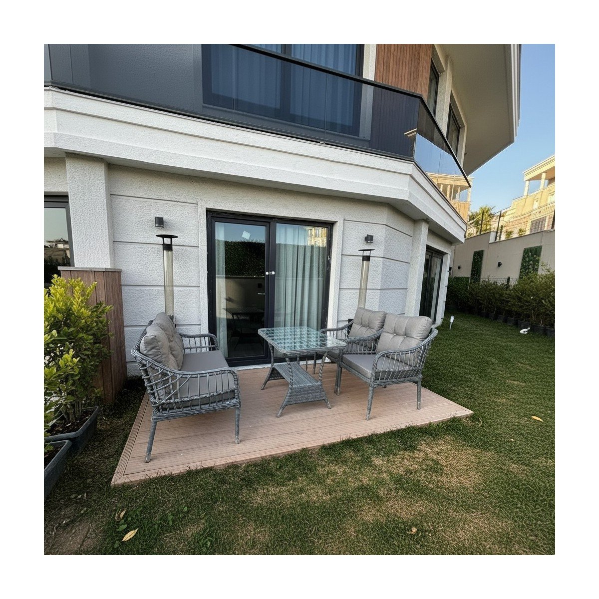 Kaş 2+1+1+Sehpa Bahçe Balkon Mobilyası,Gri Kumaş / Gri Rattan