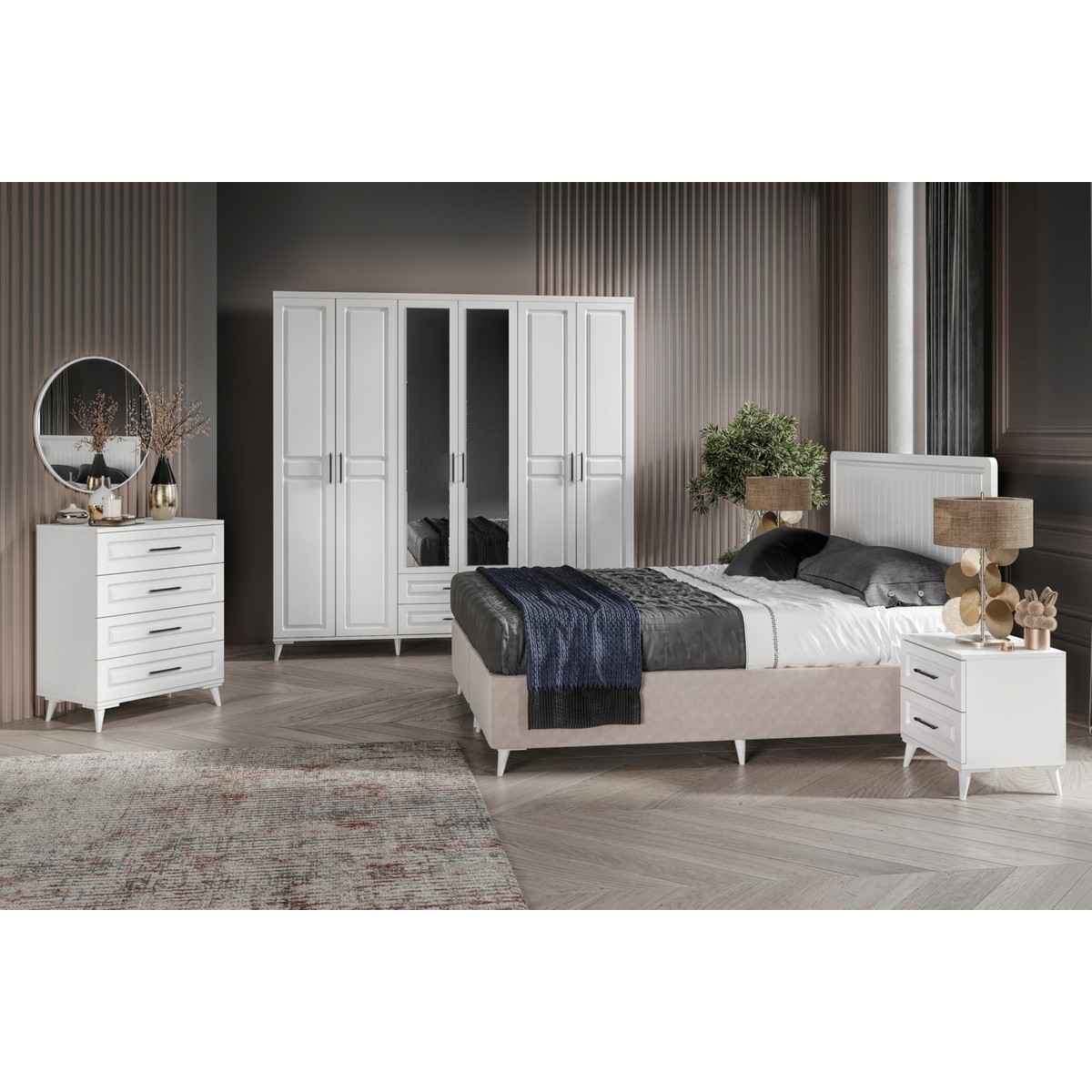 Guneystore Ücretsiz Montaj - %100 MDF Gözde 6 Kapaklı Beyaz Yatak Odası Takımı