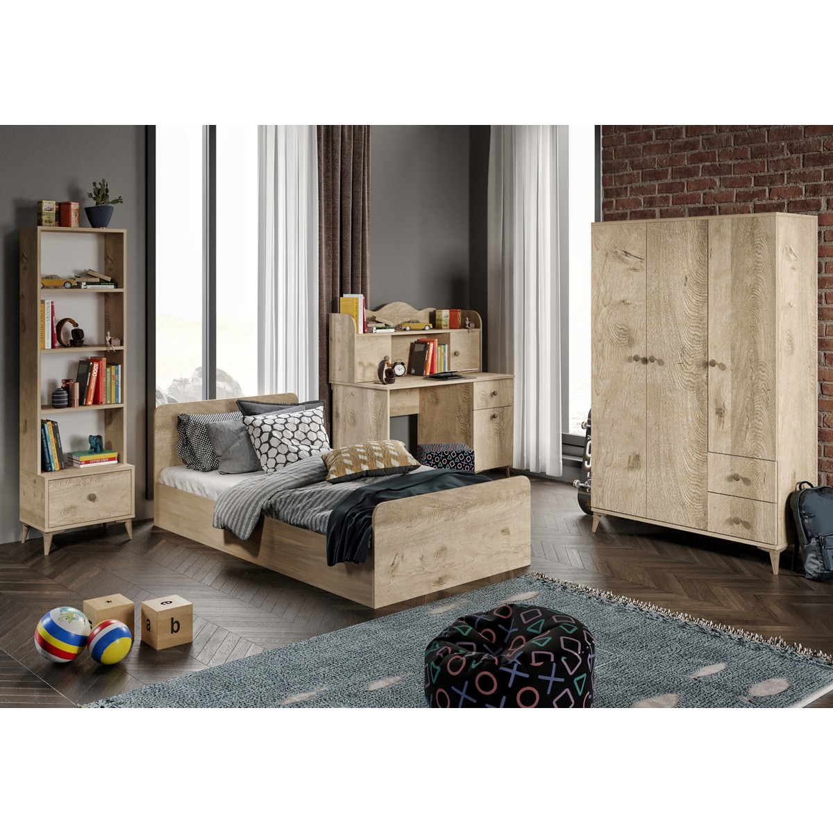 Kzn Home Akasya Modern Genç Odası Takımı Meşe - 4 Parçalı ve Tamamı 1. Kalite Mdf