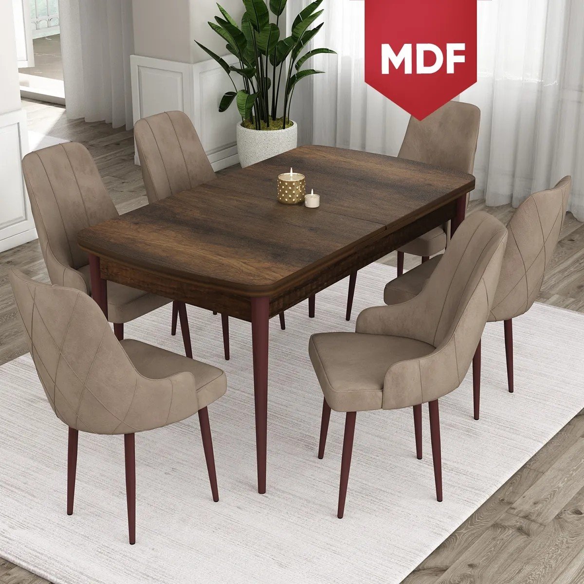 Concept Ram Serisi MDF 80 x 132 cm Açılabilir Masa Takımı, Barok Ahşap Desen Masa 6 Sandalye