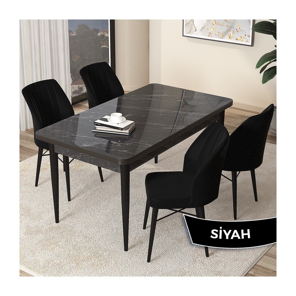 Concept Arp Serisi, Siyah Mermer Desen Masa 71 x 110 cm Sabit Mutfak Masası Takımı, 4 Sandalye