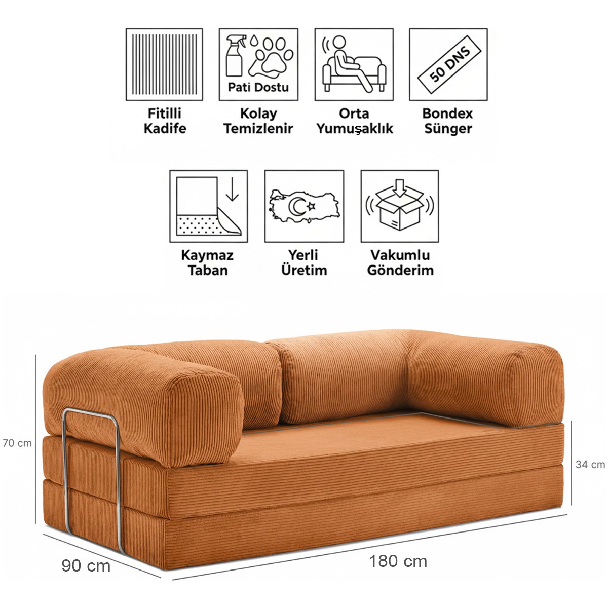 90X180 Kanepe - Fitilli Kadife Yıkanır Silinir Pratik Yer Yatağı 90X180CM