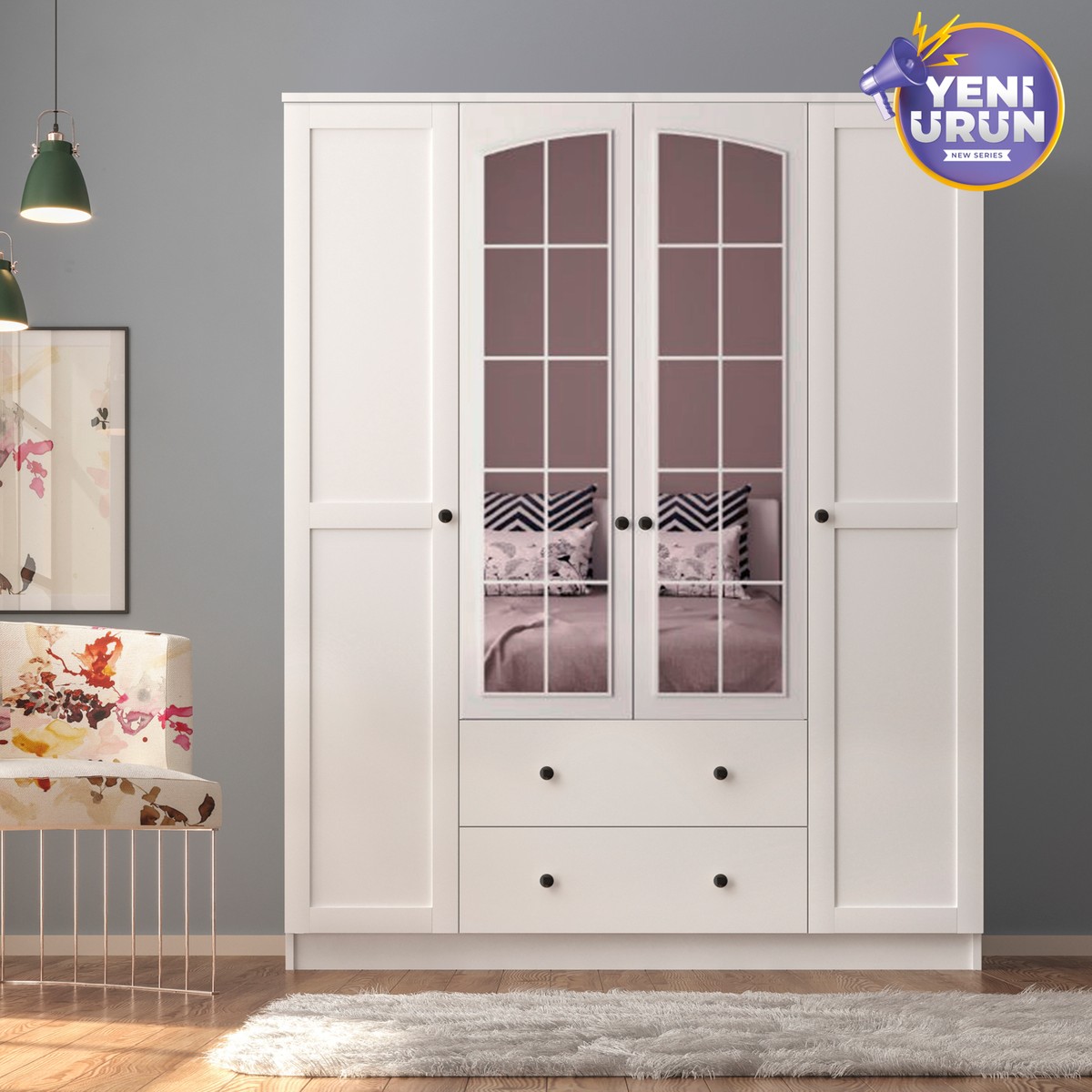 Side Rose 4 Kapak 2 Çekmece Aynalı Gardırop