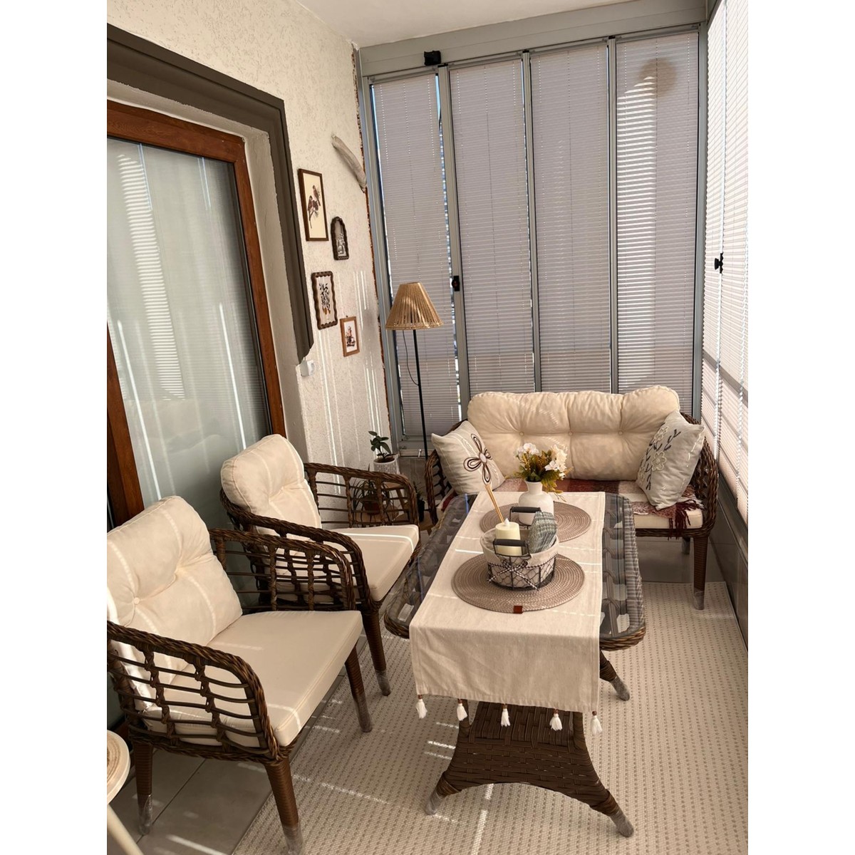 Kartepe Galvaniz Boru 2 1 1 Sehpa(60*90) Rattan Bahçe Balkon Takımı,Kahve Rattan / Krem Kumaş
