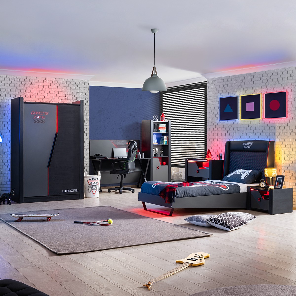Setay Gamer Ledli Genç Odası - 2 Kapılı Dolap, Karyola, Komodin, Masa, Şifonyer, Kitaplık