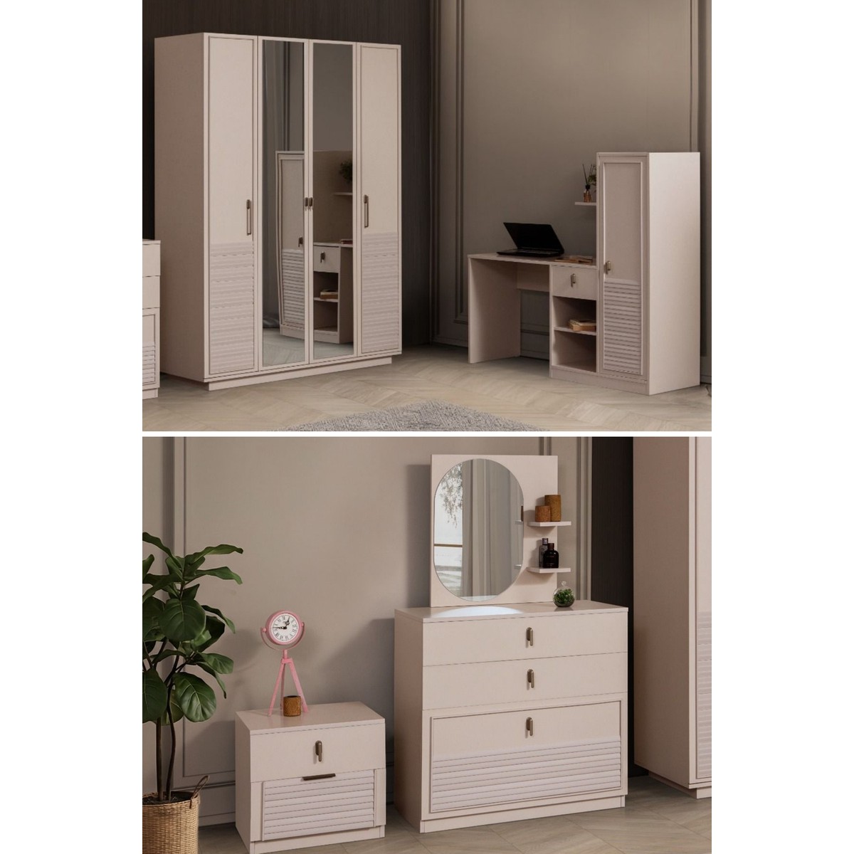 Setay Vela Genç Odası Takımı - 4 Kapaklı Aynalı Dolap, Çalışma Masası, Şifonyer, Komodin