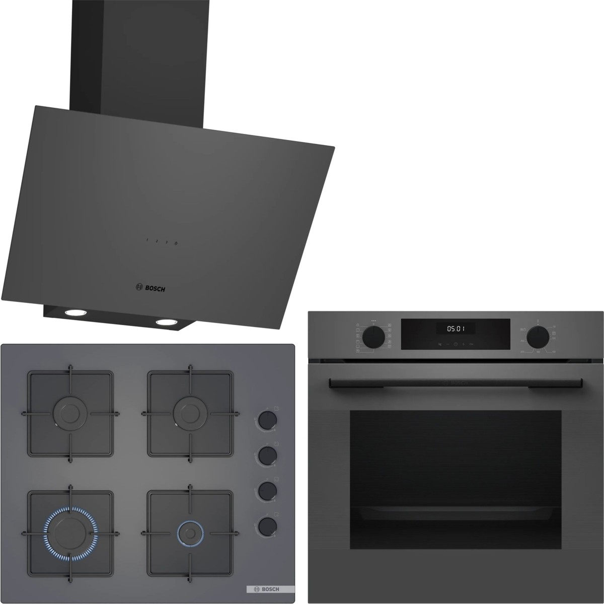 Bosch Gri 3 Lü Ankastre Set 481 ( HUA717BN0T - POP6C9P31O - DWK64PJ70T ) - Buhar Destekli