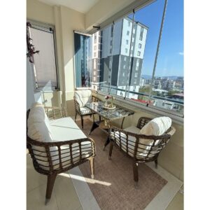 Kartepe 2 1 1 Rattan Bahçe Balkon Takımı,kahve Örgü/krem Kumaş
