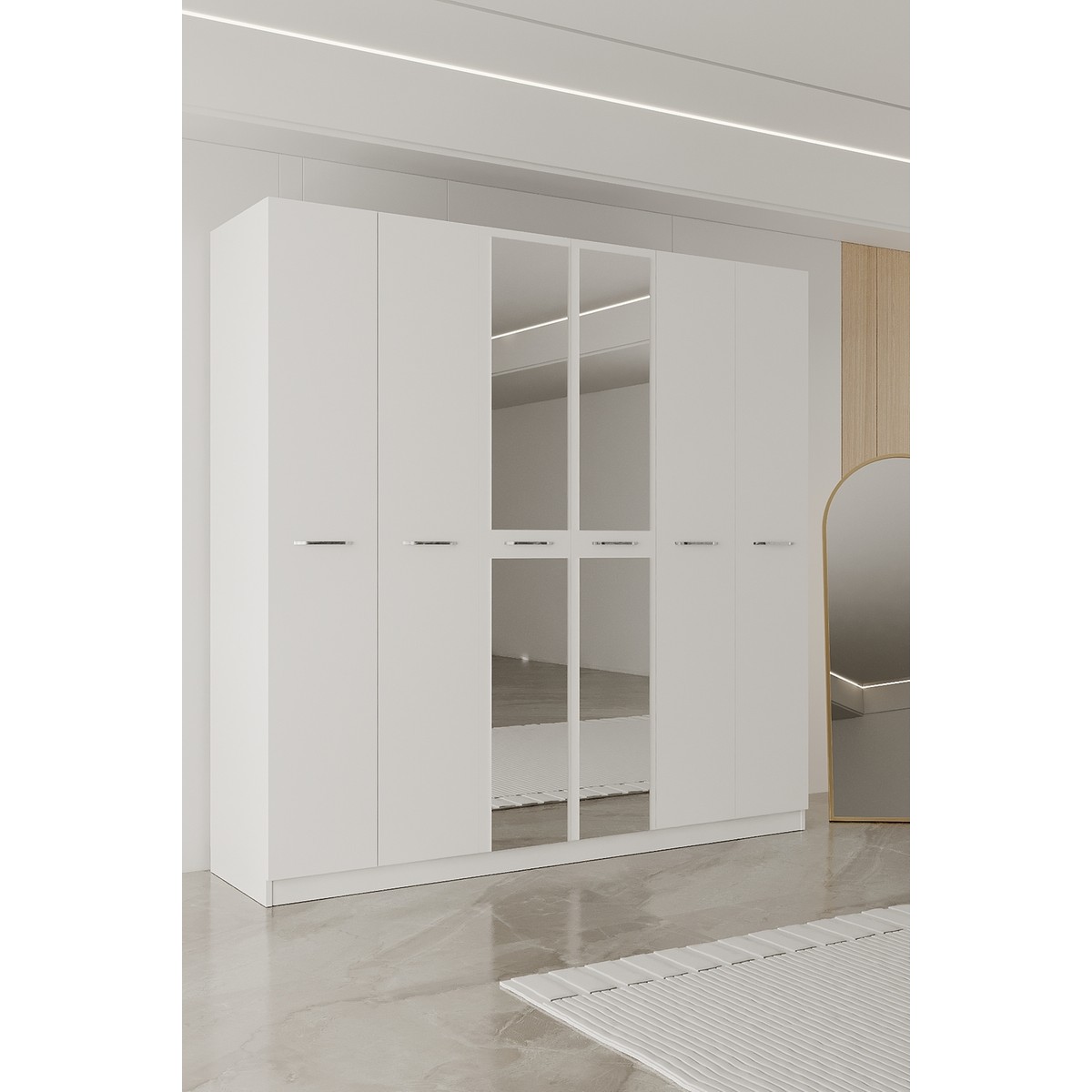 AE-2191 Hisar Beyaz/beyaz Aynalı 6 Kapaklı Çok Bölmeli Askılı ve Raflı Geniş Hacimli Gardırop 210X210 cm