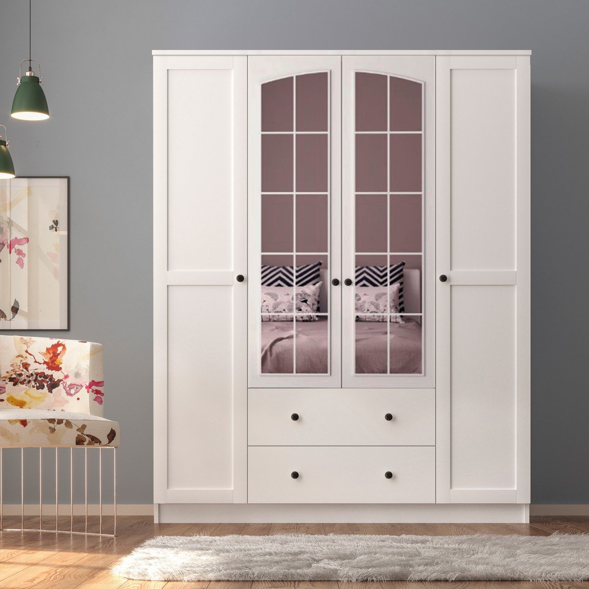 Side Rose 4 Kapak 2 Çekmece Aynalı Gardırop