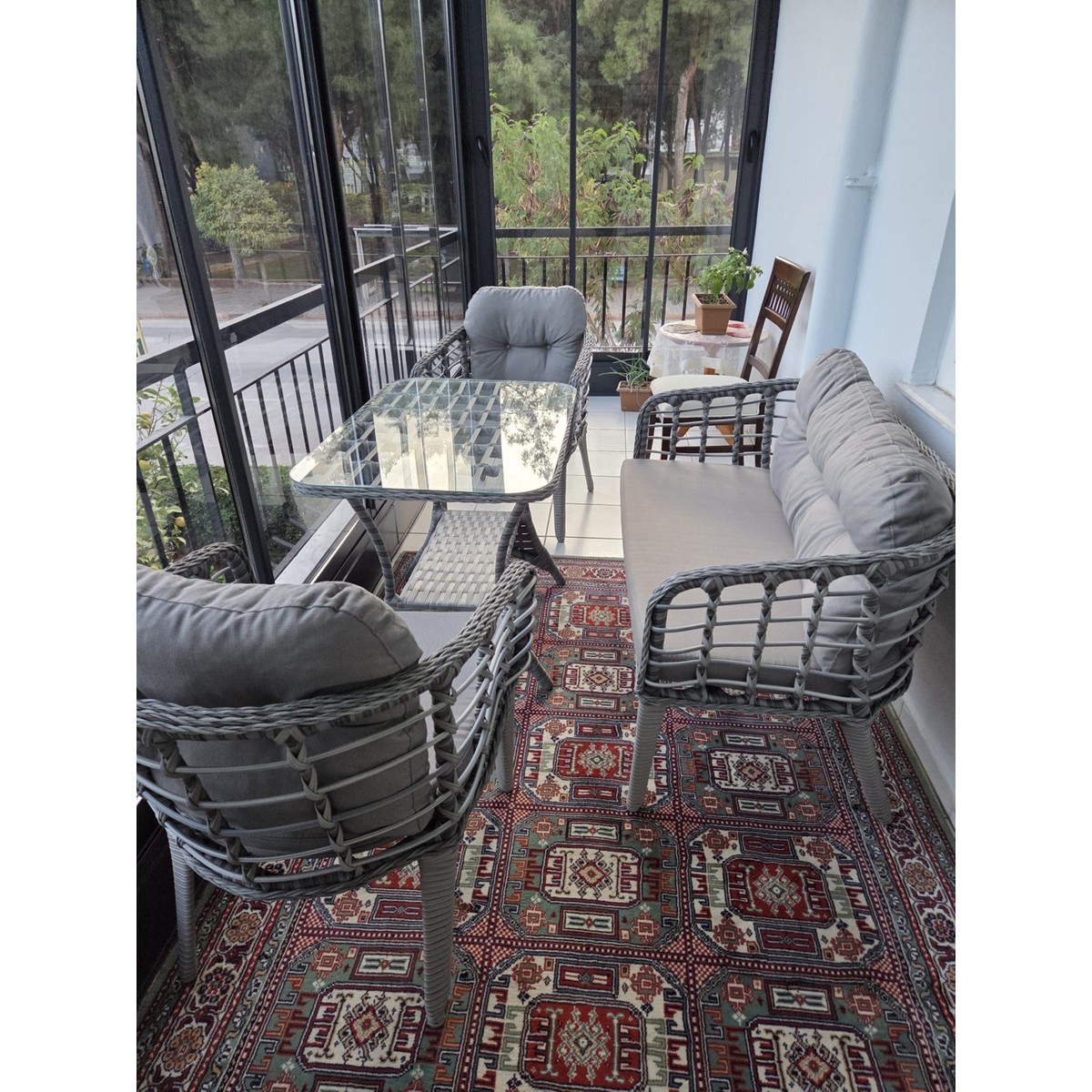 Kartepe Galvaniz Boru 2 1 1 Sehpa(60*90) Rattan Bahçe Balkon Takımı,Gri Rattan