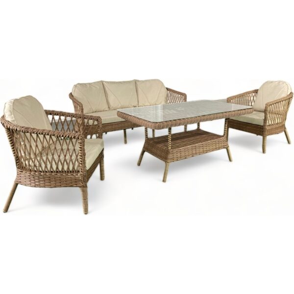 Monalin Mobilya Monalin Home Garden Miami 5 Kişilik(3-1-1-Masa) Rattan Örgü Bahçe & Balkon & Teras Oturma Grubu Minderli & Camlı & Masalı Takım