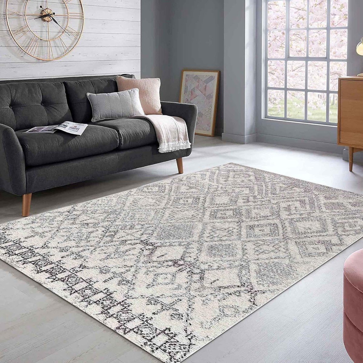 Trendy Pazars Dizayn Blackshade Desenli Kadife Pamuk Tabanlı Yıkanabilen Kaydırmaz Antibakteriyel Salon Halısı 200X300