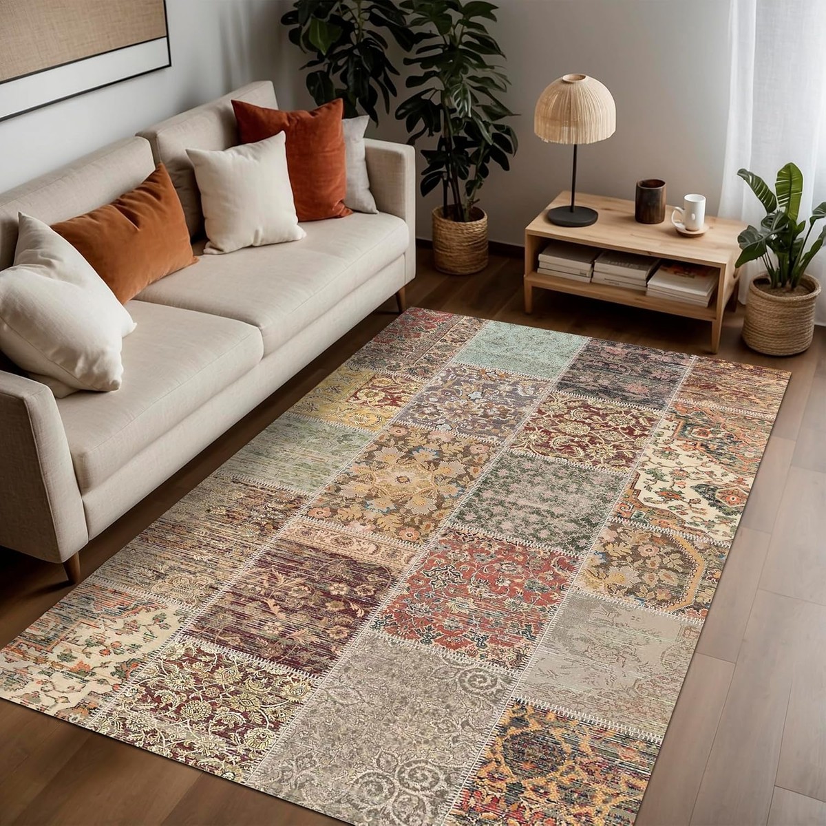 Trendy Pazars Dizayn Nadine Patchwork Desenli Şönil Pamuk Tabanlı Yıkanabilir Kaymaz Antibakteriyel Salon Halısı 80X150