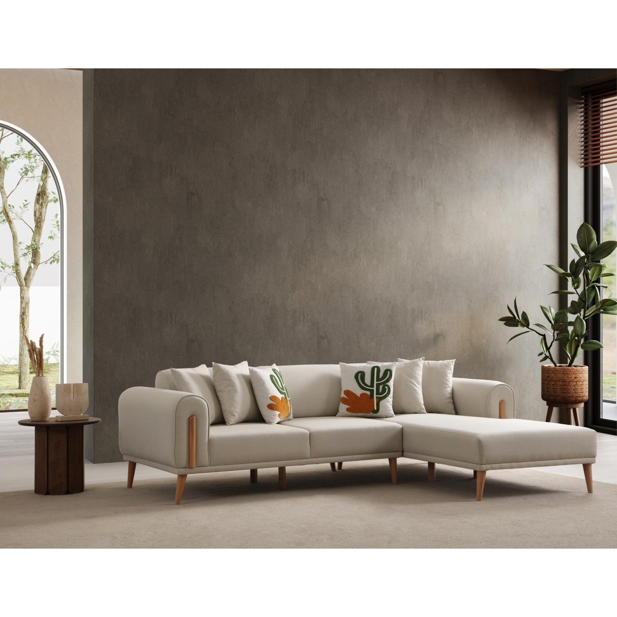 Ak Sofa Leon Köşe Koltuk Sağ Köşe Koltuk Açık Krem Renk Yumuşak Oturum 250x170 cm Gürgen ve Keten Malzeme