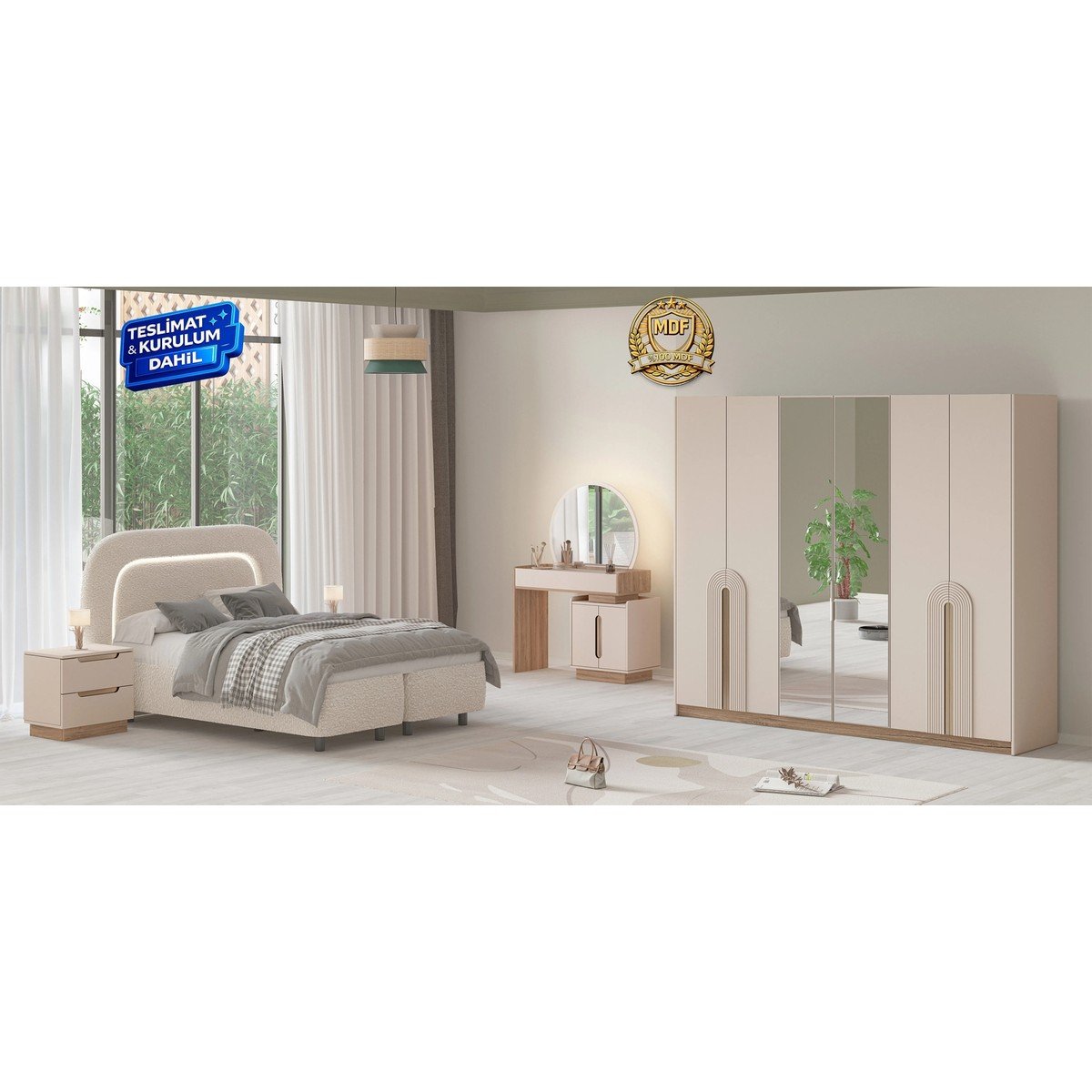 Sarmaşık Yatak odası takımı 6 Kapılı Gardırop 100% Mdf - Teslimat & Kurulum Dahil