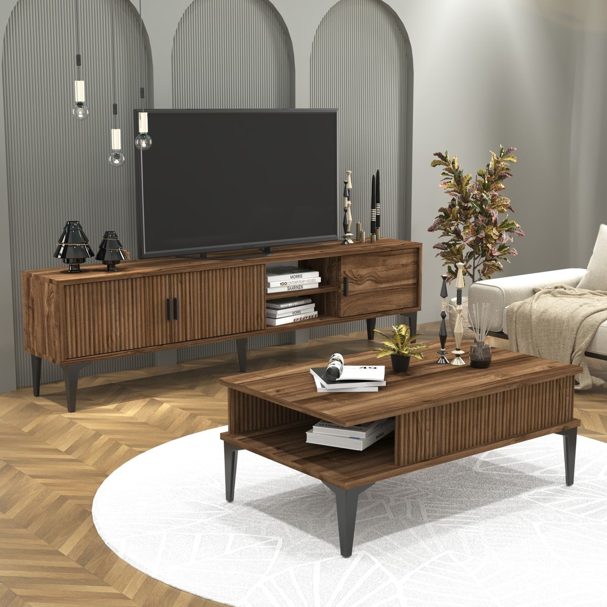 Cool Home Marin Tv Ünitesi 180 cm - Orta Sehpa Seti Çizgi Desenli , Raflı , Ceviz (Sandık)