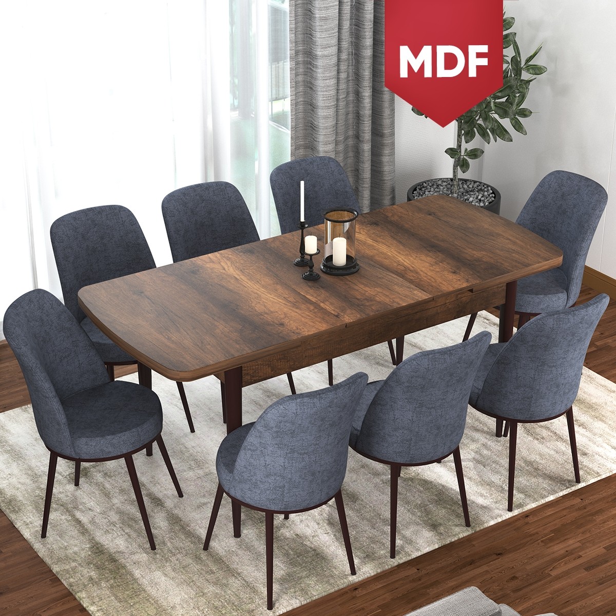 Concept Via Serisi 80 x 132 cm MDF Açılabilir Barok Ahşap Desen Mutfak Masa Takımı + 8 Adet Sandalye