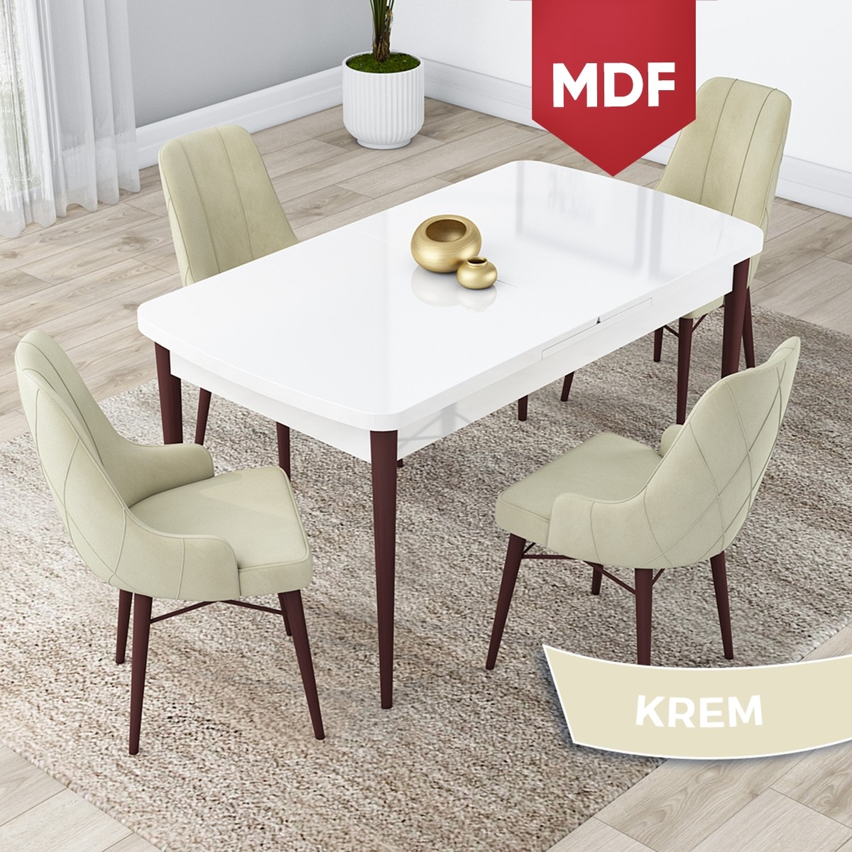 Concept Lia Serisi,MDF 80 x 132 cm Açılabilir Mutfak Masa Takımı, Beyaz Masa Ceviz Ayak 4 Sandalye