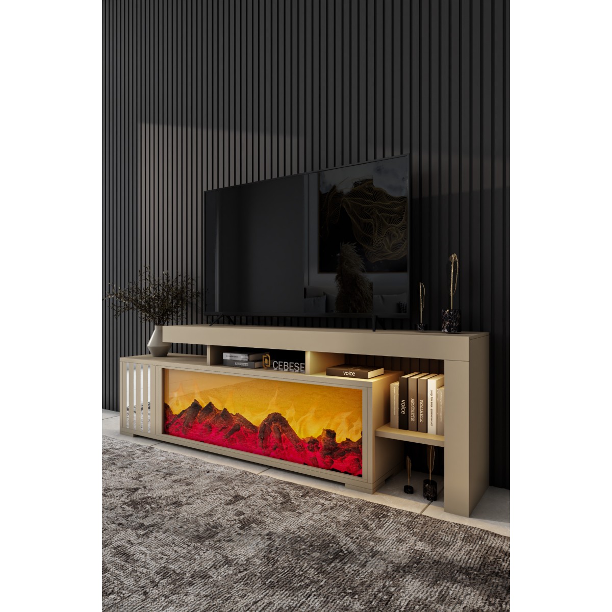 Cebese Dekoratif Elektrikli Yapay Şömine ve Tv Ünitesi 160 cm x 52 cm Kumandalı Bluetooth Ses, Sahra Rengi