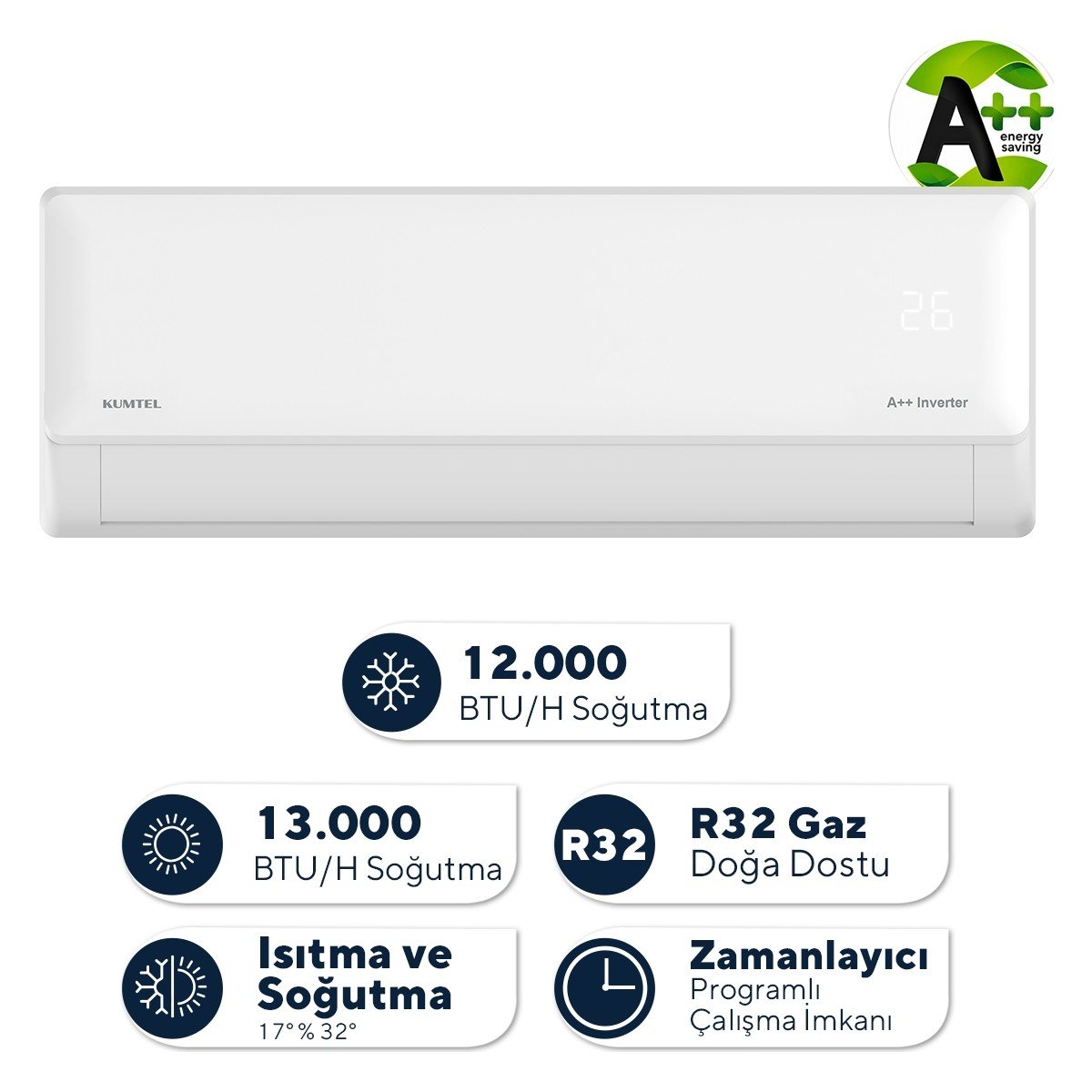 Kumtel Hinoki KMSAC-12 12.000 Btu A++ Inverter Duvar Tipi Split Klima (Montaj Dahil)