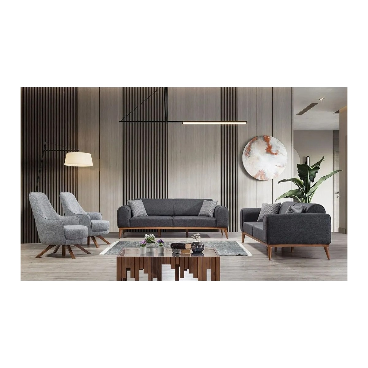Rupon 3+3+1+1 Koltuk Takımı Antrasit Keten Kumaş Orta Sert Modern Tasarım 224 cm