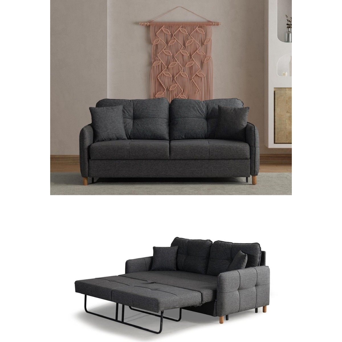 Nehir Ikili Kanepe Açılır Yataklı Çift Kişilik Yatağa Dönüşen Loveseat Kırlentli Antrasit