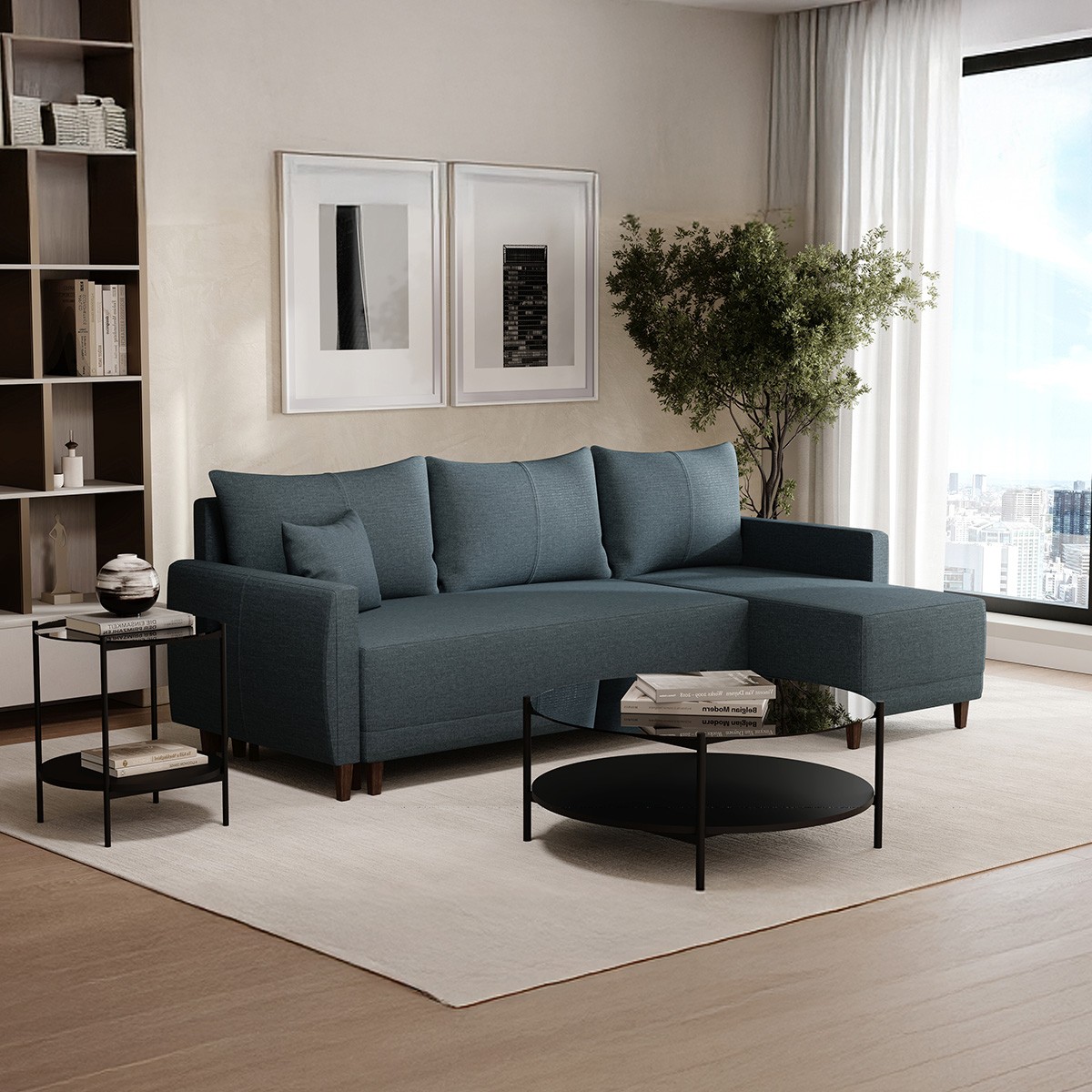 Smart Plus Yataklı Köşe Takımı, Kadife Dokulu - Lacivert