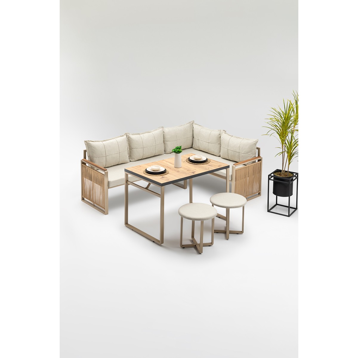 Monisa (Masa ve Puflu) Köşe Takımı Bej-Kahve (Balkon-Bahçe-Mutfak)