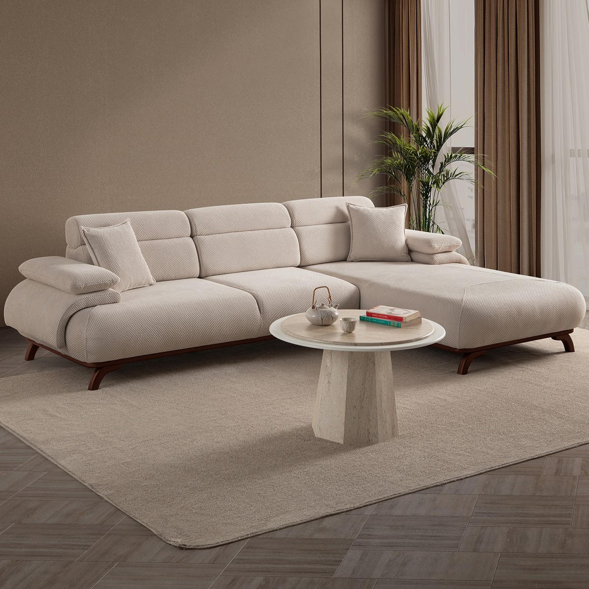 Bonjo Sırt Mekanizmalı Köşe Takımı Ceviz Kasalı Sağ Köşe Bej
