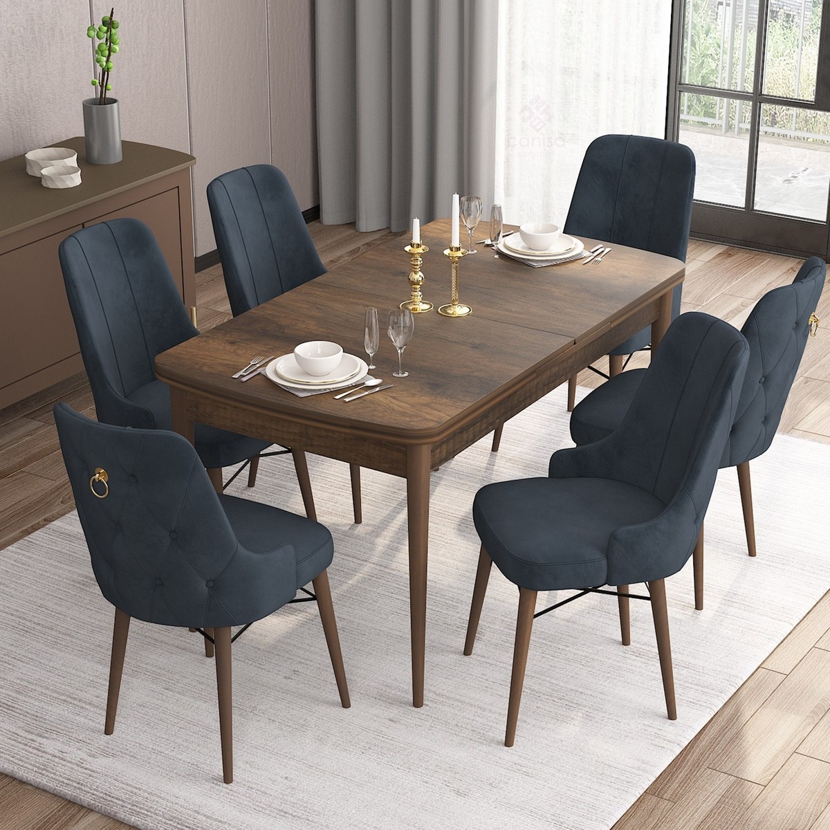 Concept Are Serisi, 80X132 Açılabilir Mdf Masa, Barok Ahşap Desenli Mutfak Masa Takımı, 6 Sandalye