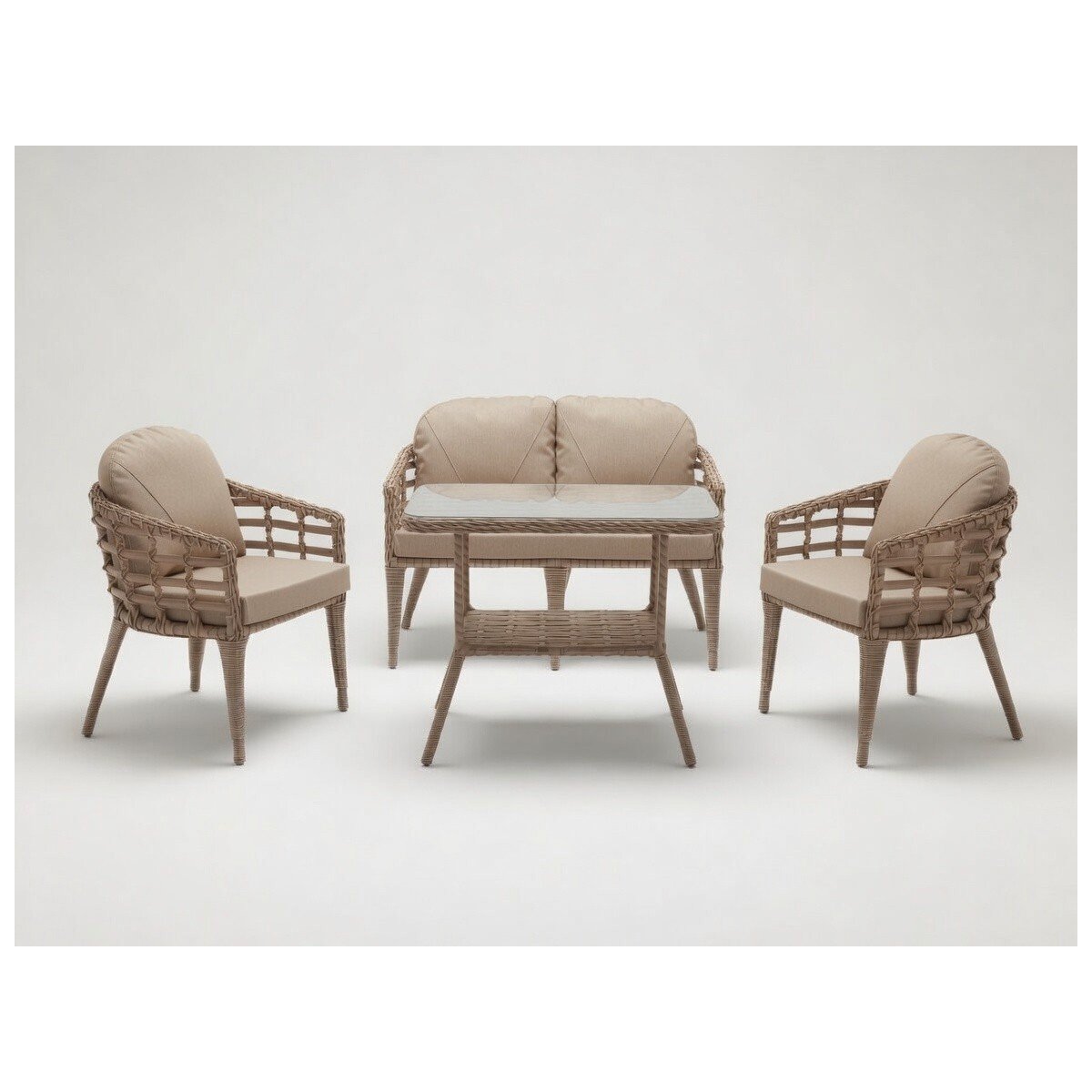 Monalin Home Garden Venedik Kapuçino 4 Kişilik(2-1-1-Masa) Rattan Örgü Bahçe & Balkon & Teras Oturma Grubu Minderli & Camlı & Masalı Takım