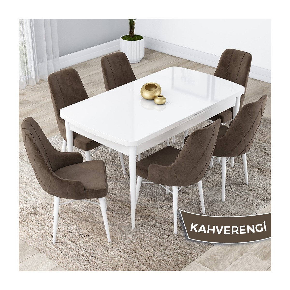 Concept Kar Serisi, 80X132 Açılabilir Mdf Mutfak Masa Takımı, Beyaz Masa 6 Sandalye