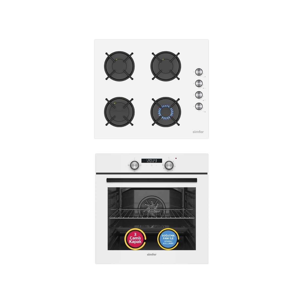 Ankastre Set Beyaz Cam Ocaklı Dijital Power Turbo Fanlı 2'li Set (Fırın + Ocak)