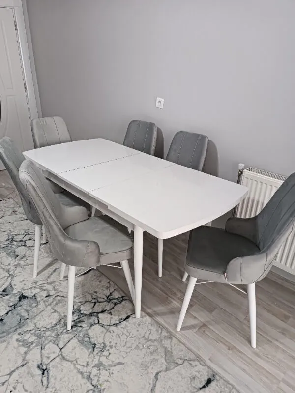 Concept Kar Serisi, 80X132 Açılabilir Mdf Mutfak Masa Takımı, Beyaz Masa 6 Sandalye