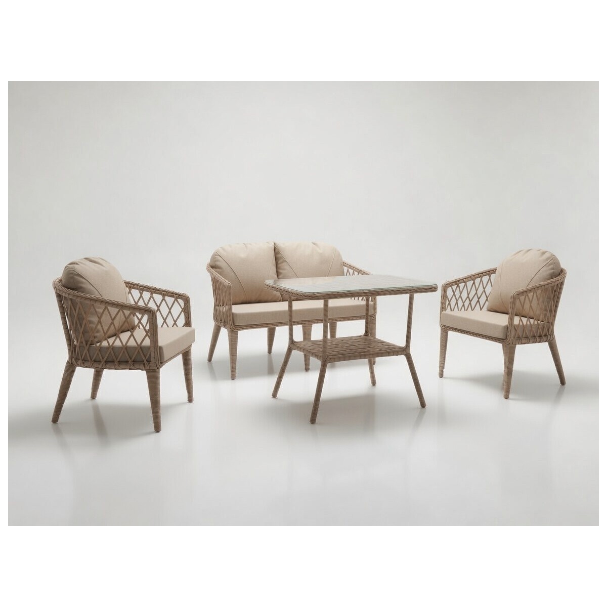 Monalin Home Garden Bodrum Kapuçino 4 Kişilik(2-1-1-Masa) Rattan Örgü Bahçe & Balkon & Teras Oturma Grubu Minderli & Camlı & Masalı Takım