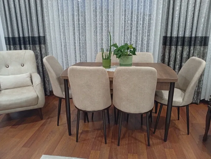 Concept Via Serisi 80 x 132 cm MDF Açılabilir Barok Ahşap Desen Mutfak Masa Takımı + 8 Adet Sandalye