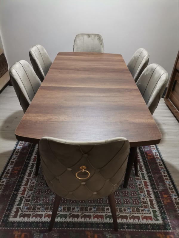 Concept Are Serisi, 80X132 Açılabilir Mdf Masa, Barok Ahşap Desenli Mutfak Masa Takımı, 6 Sandalye