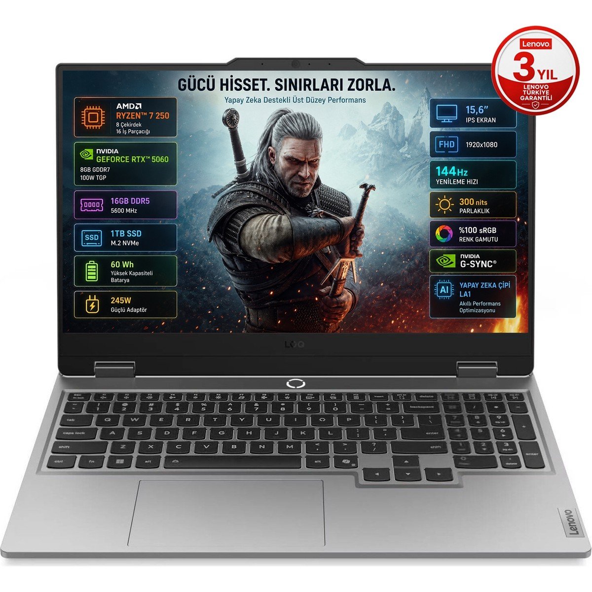 Lenovo LOQ 15AHP10 AMD Ryzen 7 250 16GB DDR5 1TB SSD RTX 5060 8GB 100W 15.6 inç Full HD 144Hz IPS FreeDos Gaming Laptop (83JG008UTR)
