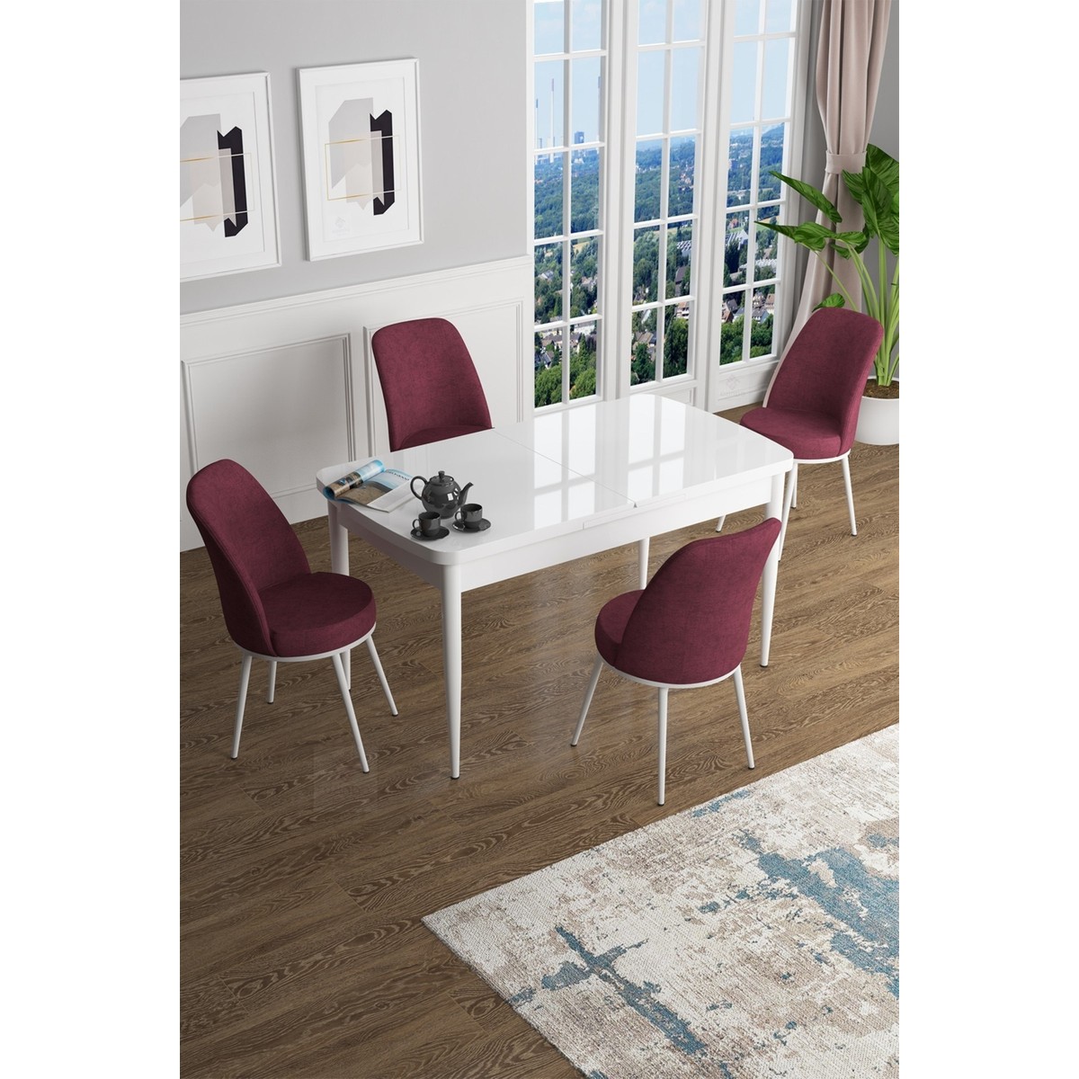 Concept Han Serisi 70 x 114 Cm, Açılabilir Mdf Mutfak Masa Takımı, Beyaz Masa ve 4 Sandalye