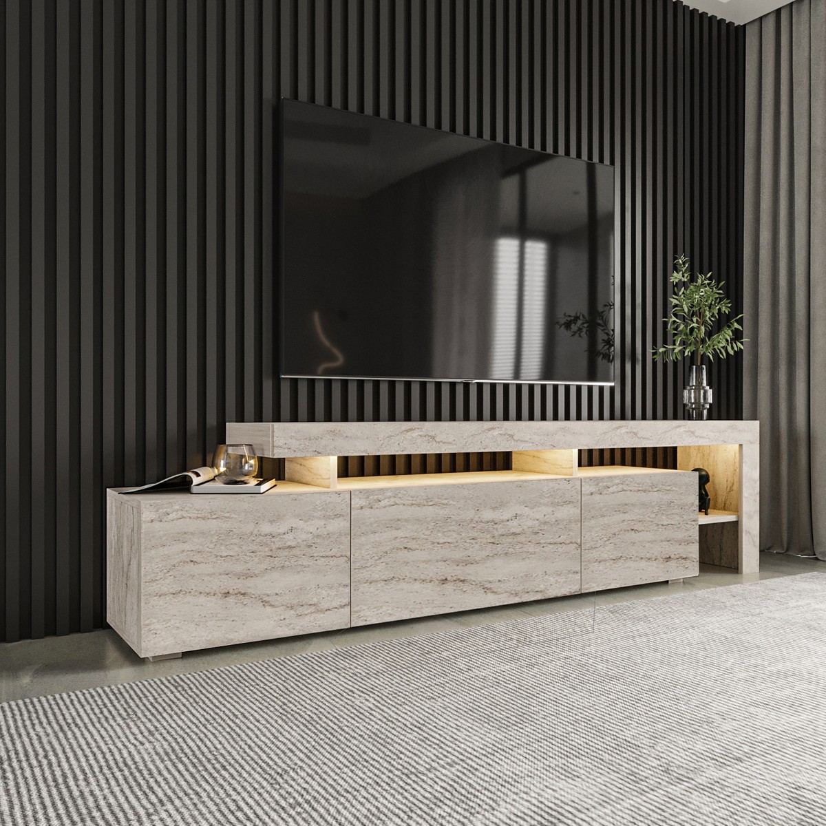 İnarch Dizayn Beliz Modern LED Işıklı 3 Kapaklı, Raflı TV Sehpası – 192 cm, Traverten Mermer Desen